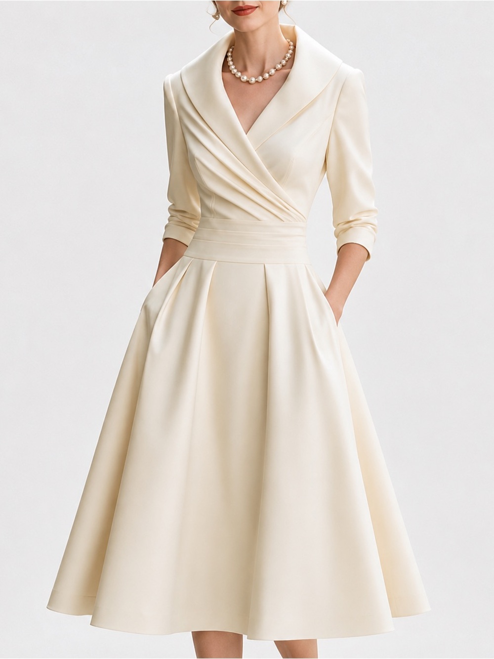 Ivory Long Sleeve Midi Dress Surplice Fit & Flare Bridal Wedding Small - Picture 1 of 11